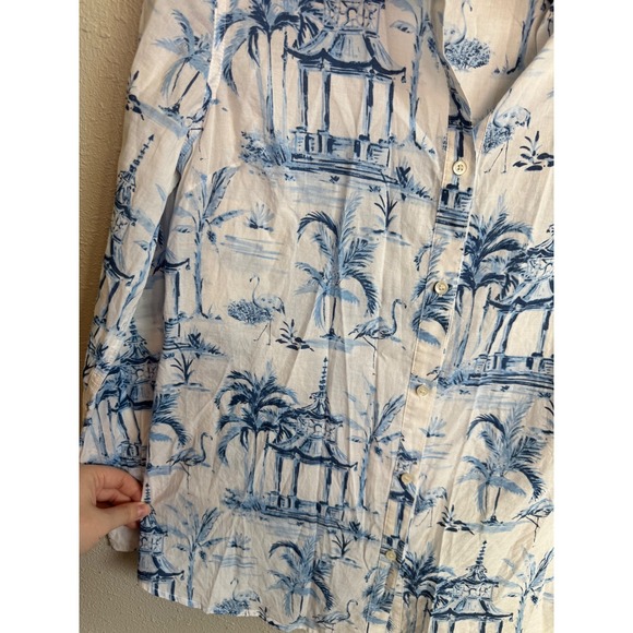 J. McLaughlin Blue Palm Flamingo Button Down M Cotton Resortwear Summer Shirt - Picture 5 of 6